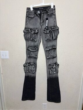 Rockstar original Men's Black & Gray Multi-Pocket Cargo Flare Pants 30x44